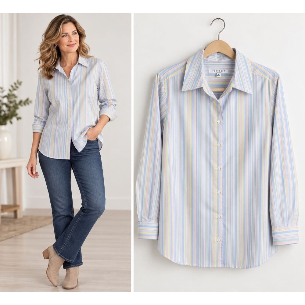Foxcroft Button Down Shirt Size 12 Shaped Wrinkle Free Pastel Multicolor Stripe